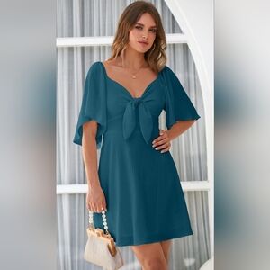 Teal Tie-Front Flutter Sleeve Dress